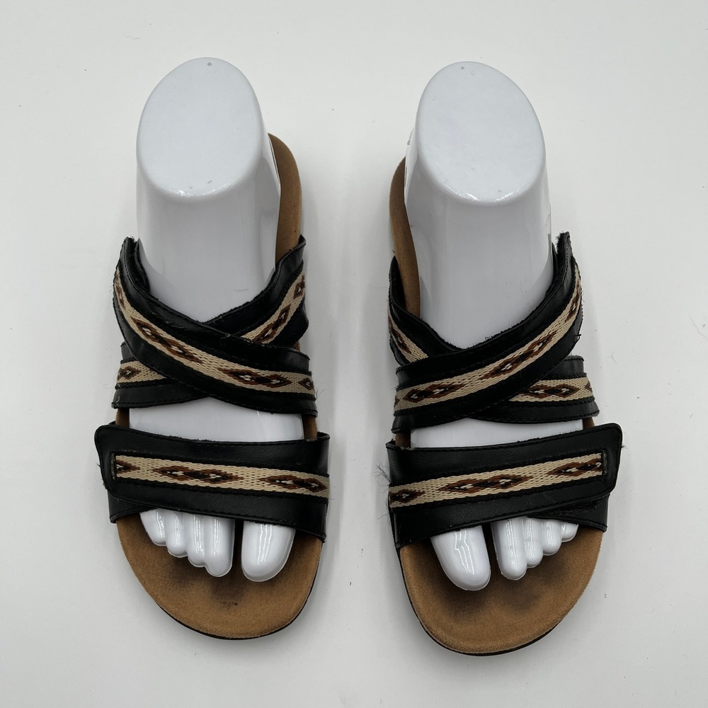 Minnetonka Women's Sandals Black Woven Aztec Strap Slip-On Slides Size 7 - Picture 2 of 7